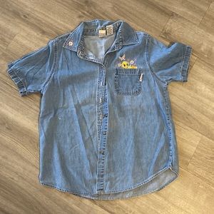 Vintage Y2K Looney Tunes Button Up Jean Short Sleeve Shirt